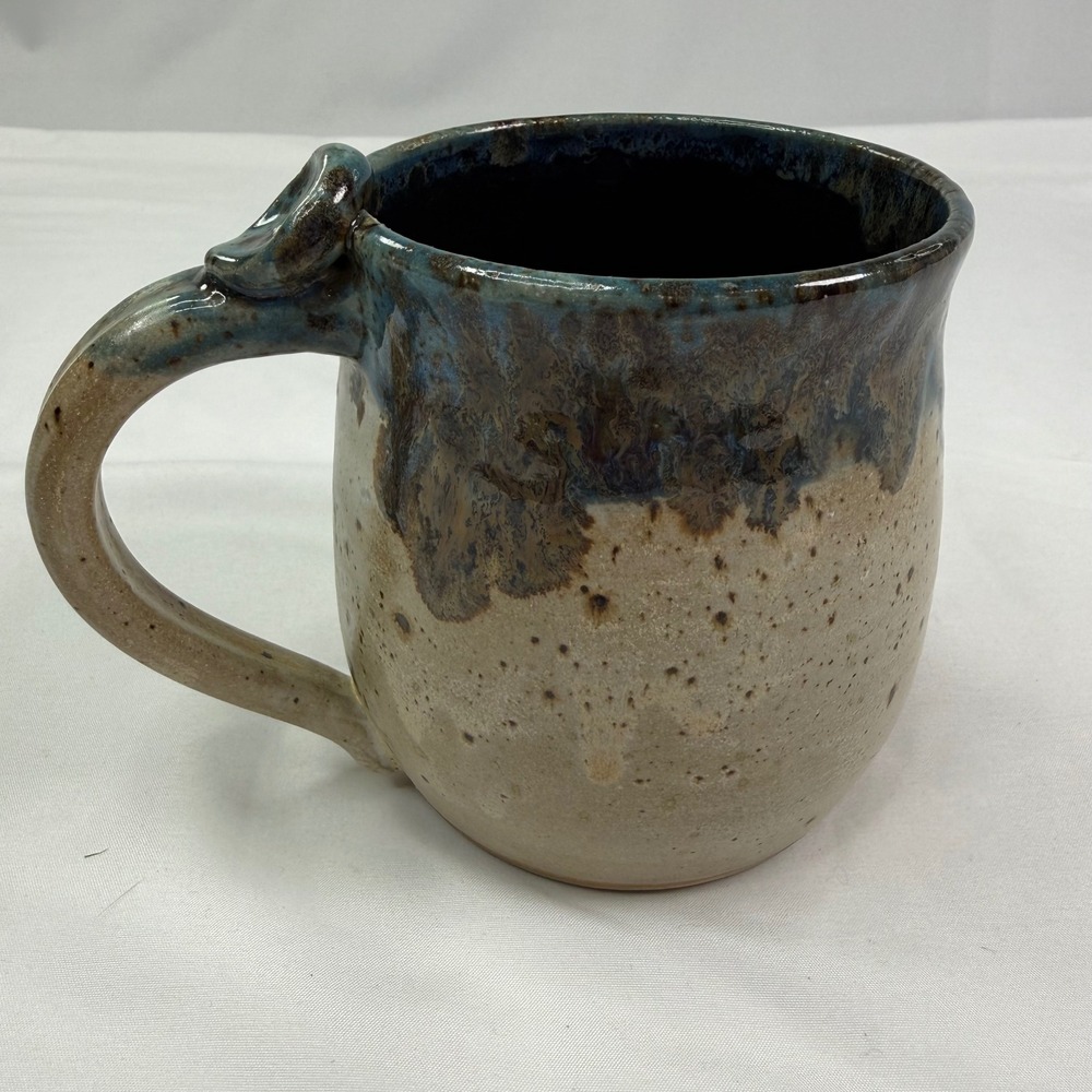 Handmade Studio Pottery Mug Speckled Tan Blue Drip Glaze Thumb Rest Signed B